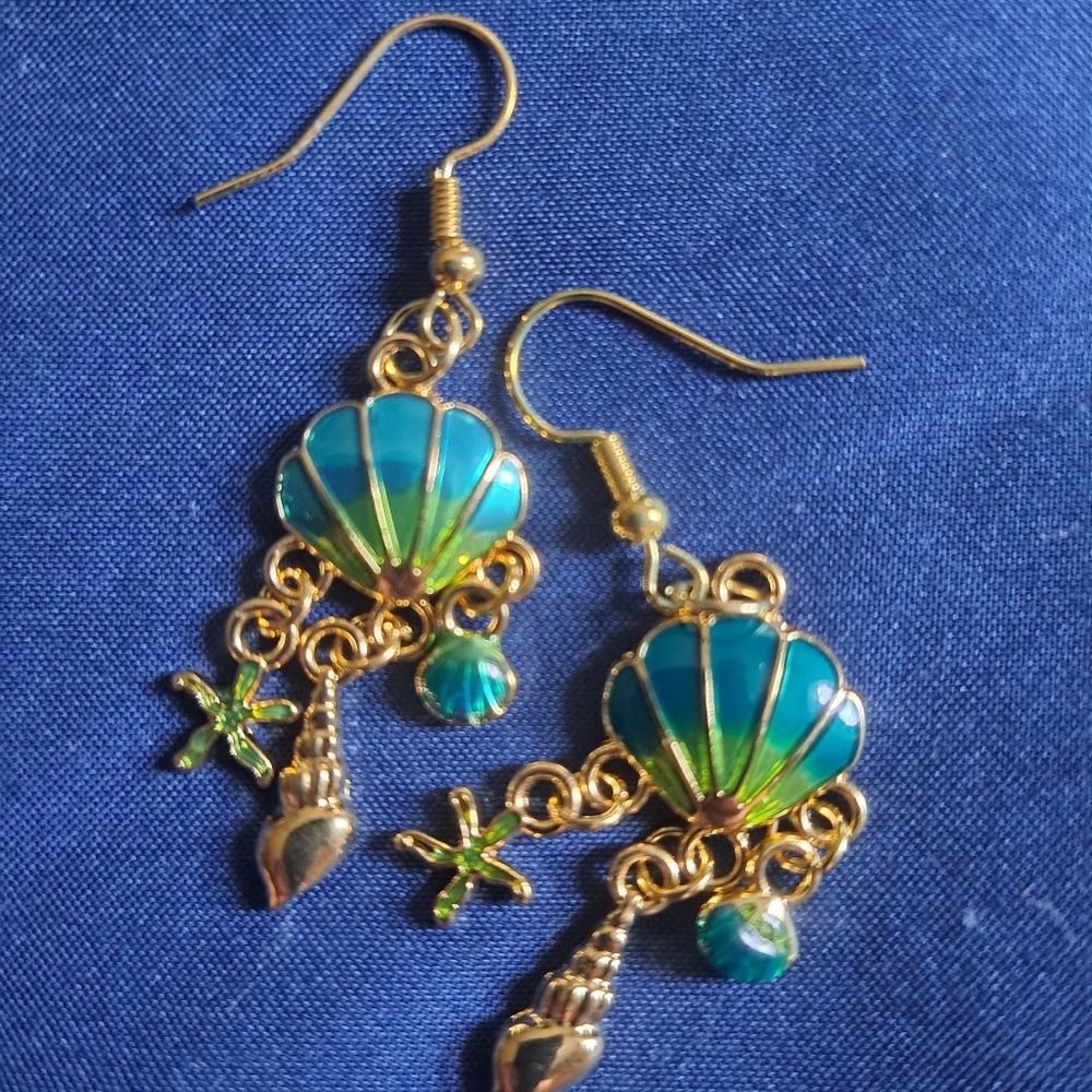 Gold and Blue Shell Dangle Earrings